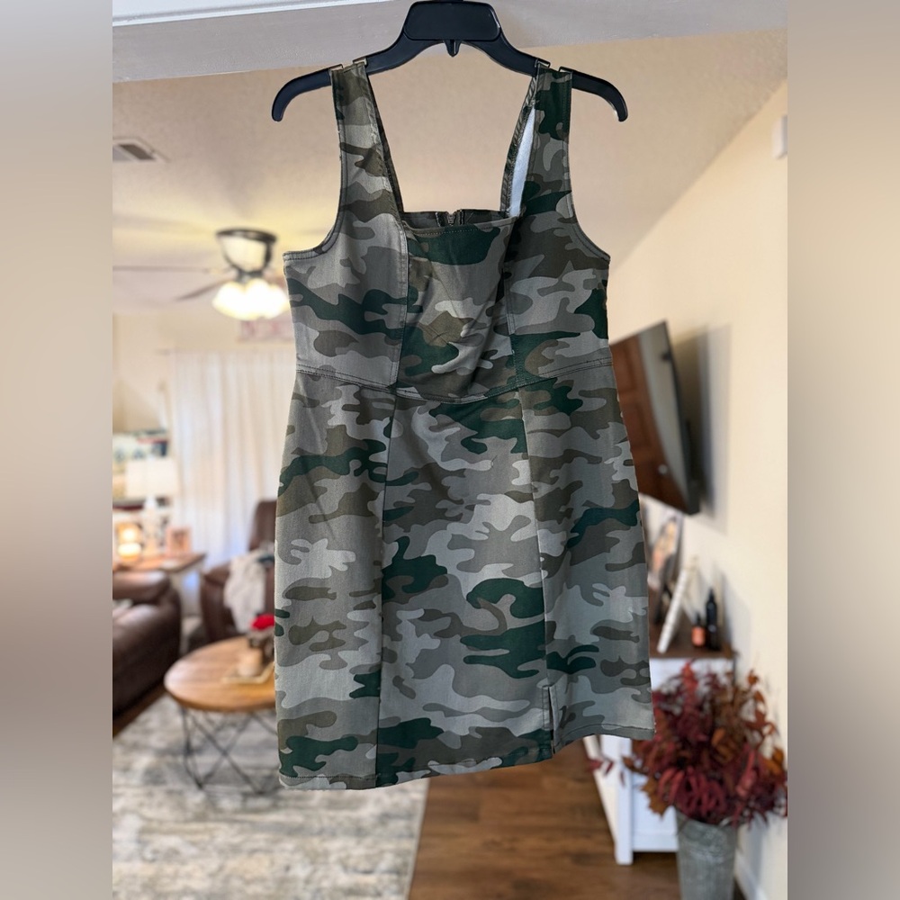 No Boundaries Denim Camo Square Neck Pinafore Dress
